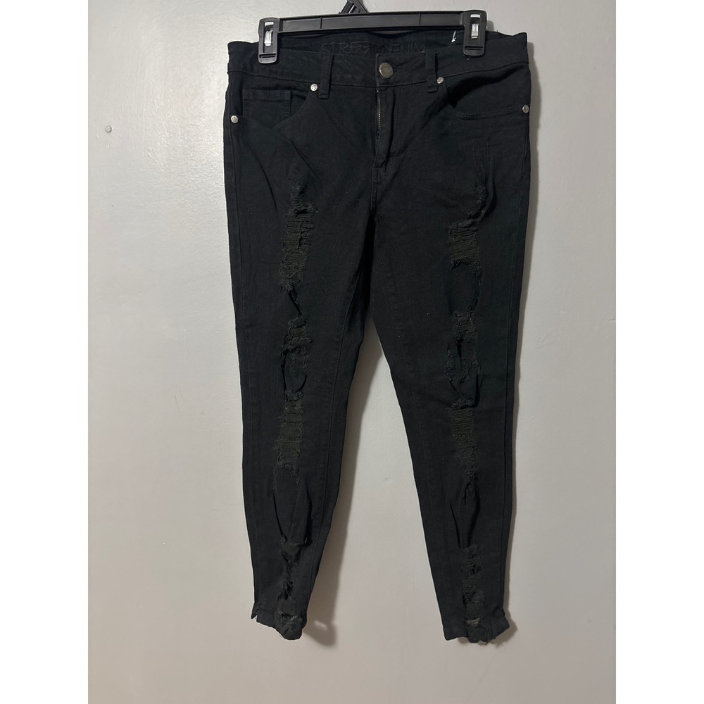 Street Denim Mens Black Distressed Ripped Skinny Jeans Size 29x32
